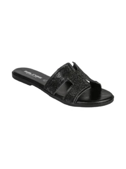 La Cuoieria Ciabatte donna in pelle con strass - nero