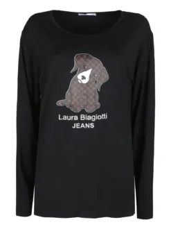 Laura Biagiotti T-shirt donna a maniche lunghe con stampa cane e strass