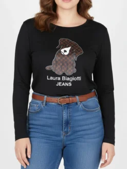 Laura Biagiotti T-shirt donna a maniche lunghe con stampa cane e strass