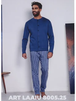 Linea Ambro Pigiama aperto da uomo con pantaloni a quadri - blu