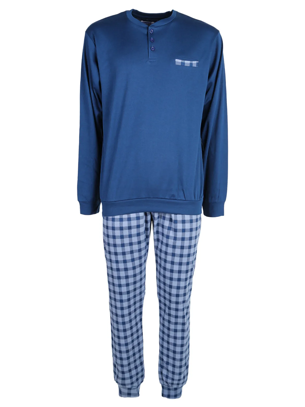 Linea Ambro Pigiama da uomo in misto cotone con pantaloni a quadri e taschino - blu