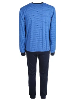 Linea Ambro Pigiama lungo da uomo in misto cotone interlock con taschino - blu
