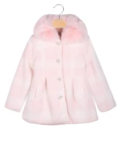 Lollitop Cappotto da bambina con bottoni di perle e scollo in ecopelliccia - rosa