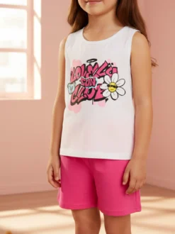 Lollitop Completo corto da bambina con canotta e shorts in cotone - fucsia