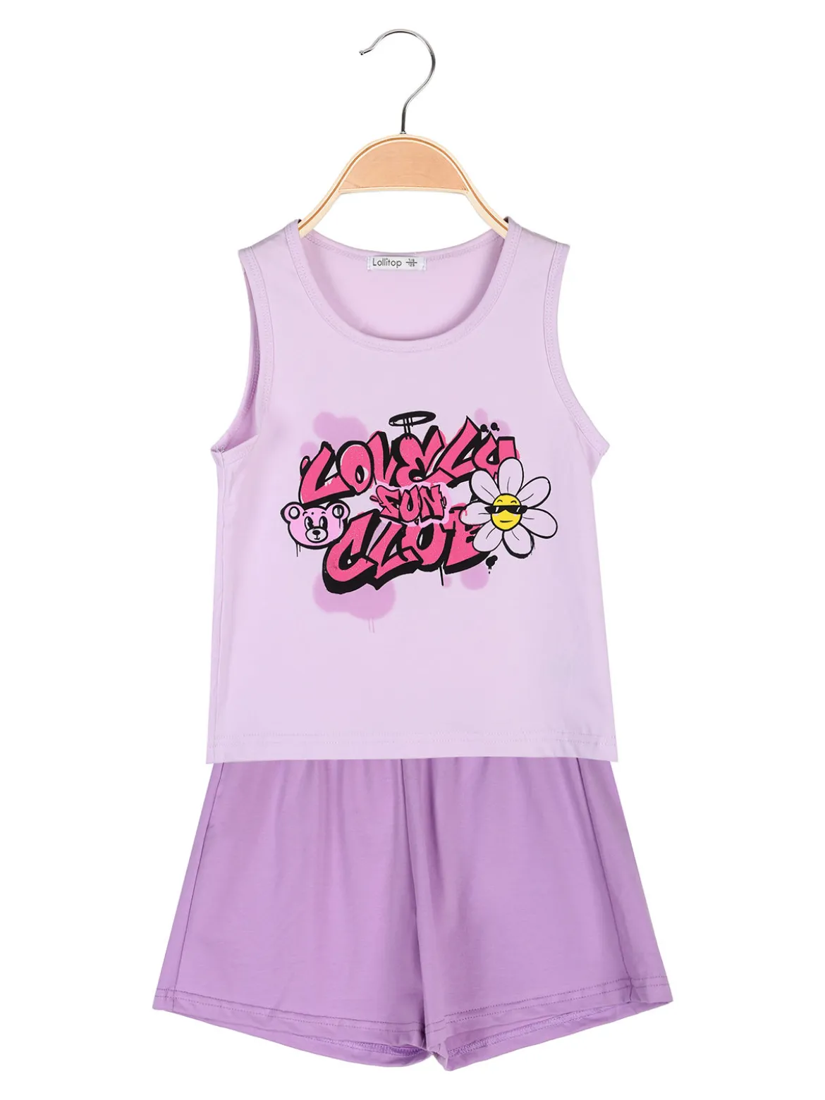 Lollitop Completo corto da bambina con canotta e shorts in cotone - lilla