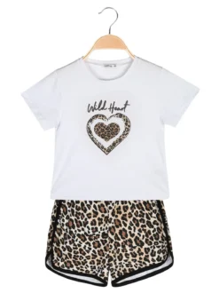 Lollitop Completo corto da bambina con t-shirt crop e shorts maculati