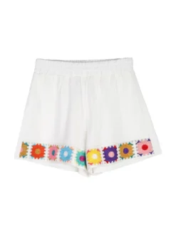 Lollitop Completo corto da bambina in misto cotone e lino con t-shirt e shorts ricamati - bianco