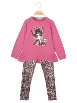 Lollitop Completo 2 pezzi da bambina con maglietta e leggings maculati - fuxia