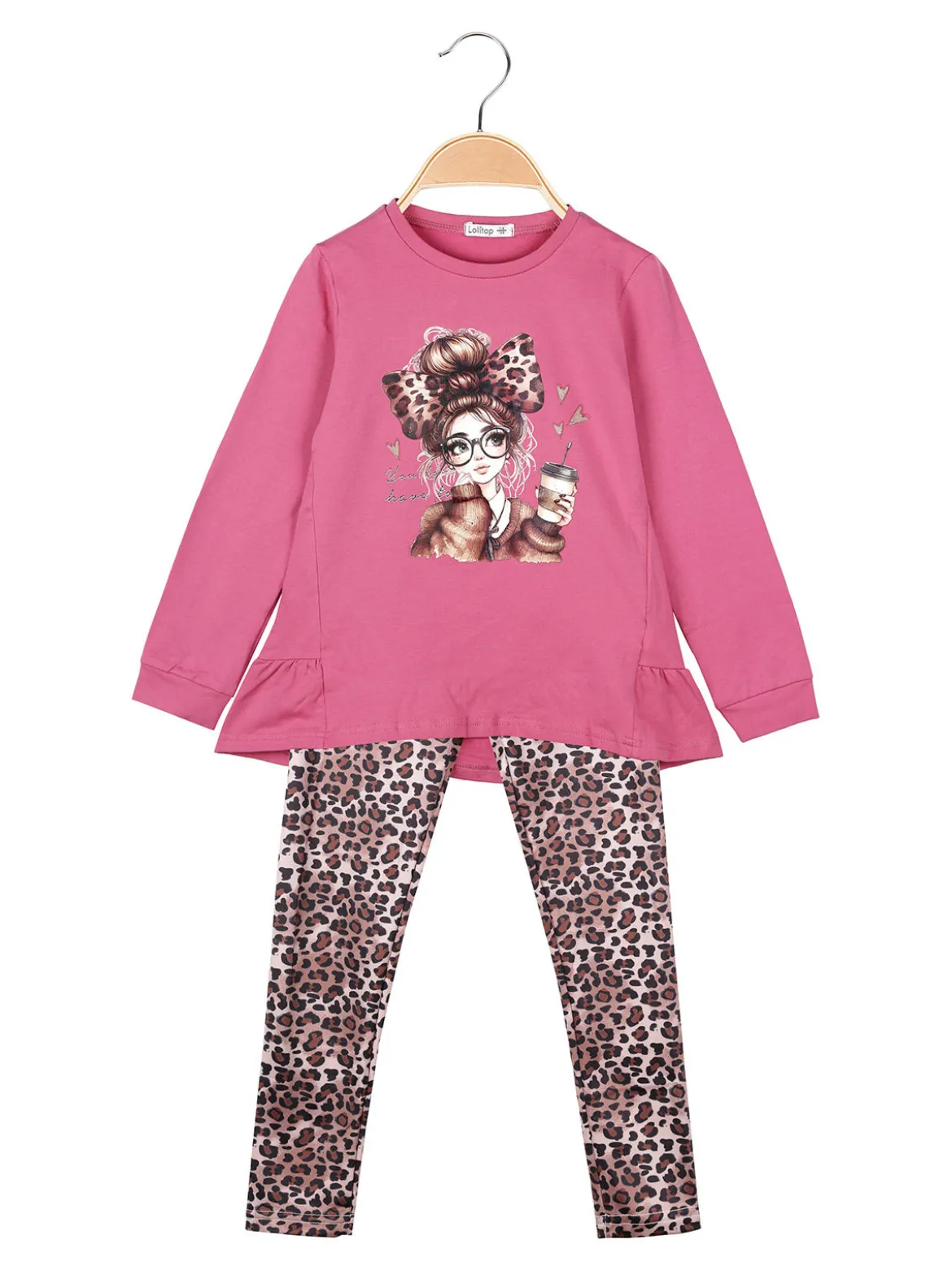 Lollitop Completo 2 pezzi da bambina con maglietta e leggings maculati - fuxia