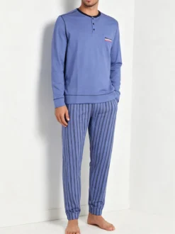 Lonsdale Pigiama lungo da uomo in cotone con pantaloni a righe