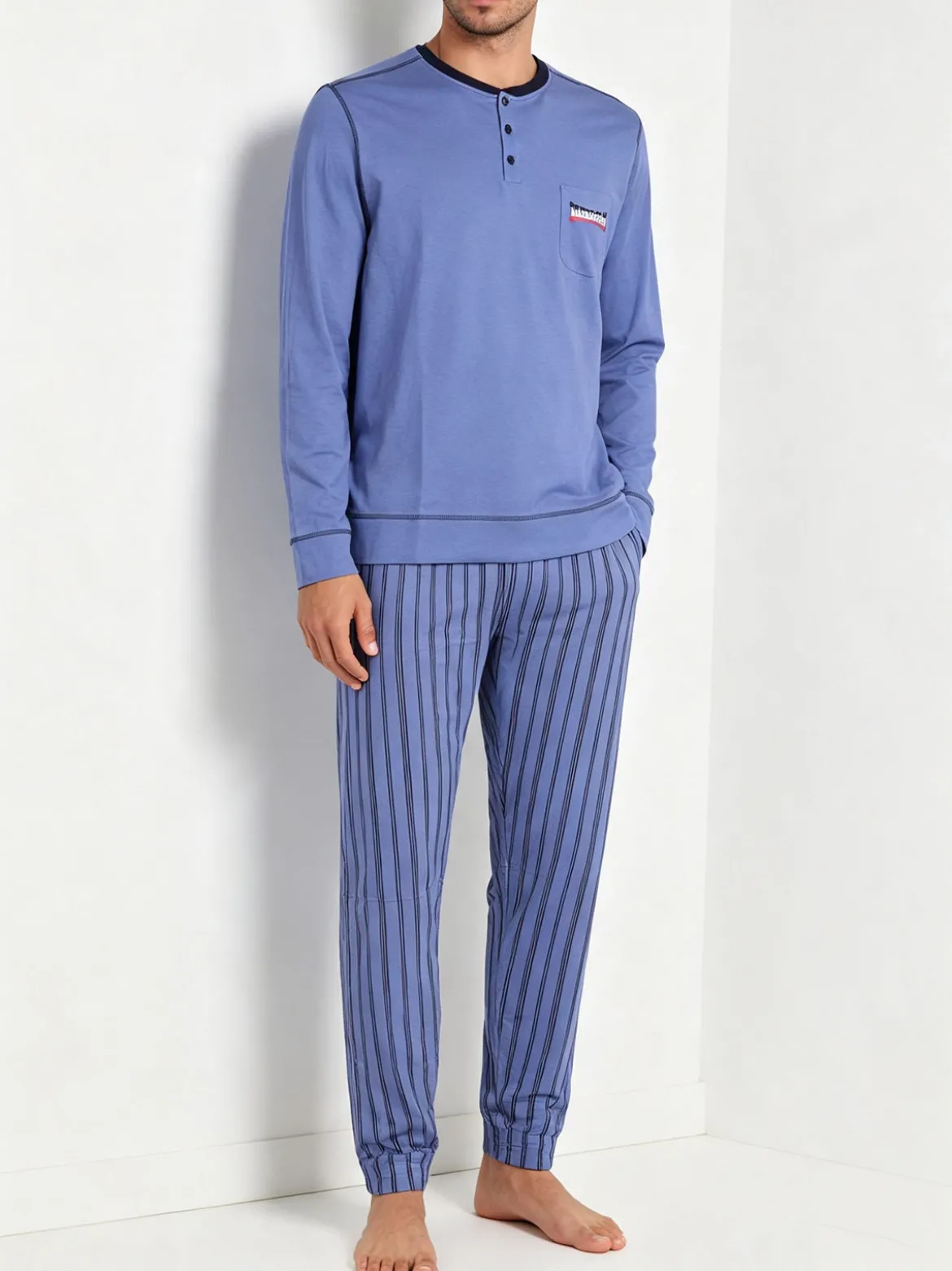 Lonsdale Pigiama lungo da uomo in cotone con pantaloni a righe