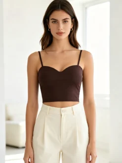 Lovery Top cropped da donna con scollo a cuore imbottito e spalline strette - moro