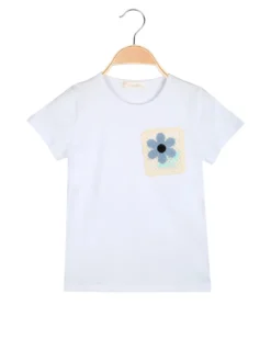 Luisa Chic T-shirt da bambina in cotone con toppa in macramè - bianco
