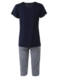 Magic Dream Pigiama da donna in fibre di bamboo con t-shirt e pinocchietti a quadretti - blu scuro