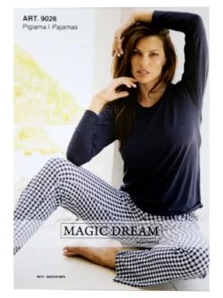 Magic Dream Pigiama lungo da donna in fibre di bamboo con pantaloni a quadretti - blu scuro