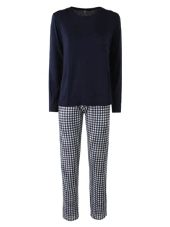 Magic Dream Pigiama lungo da donna in fibre di bamboo con pantaloni a quadretti - blu scuro