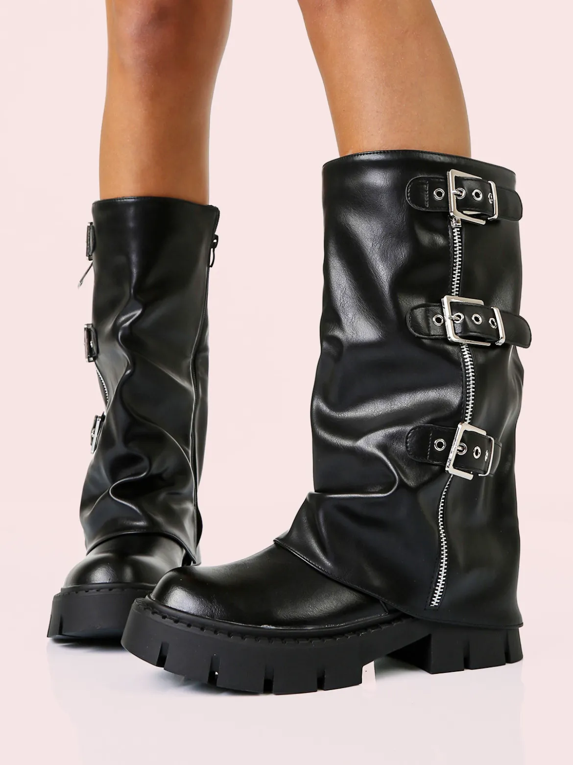 Martin Pescatore Stivaletti chunky donna a doppio strato con fibbie e zip - nero
