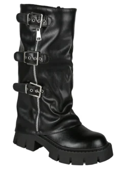 Martin Pescatore Stivaletti chunky donna a doppio strato con fibbie e zip - nero