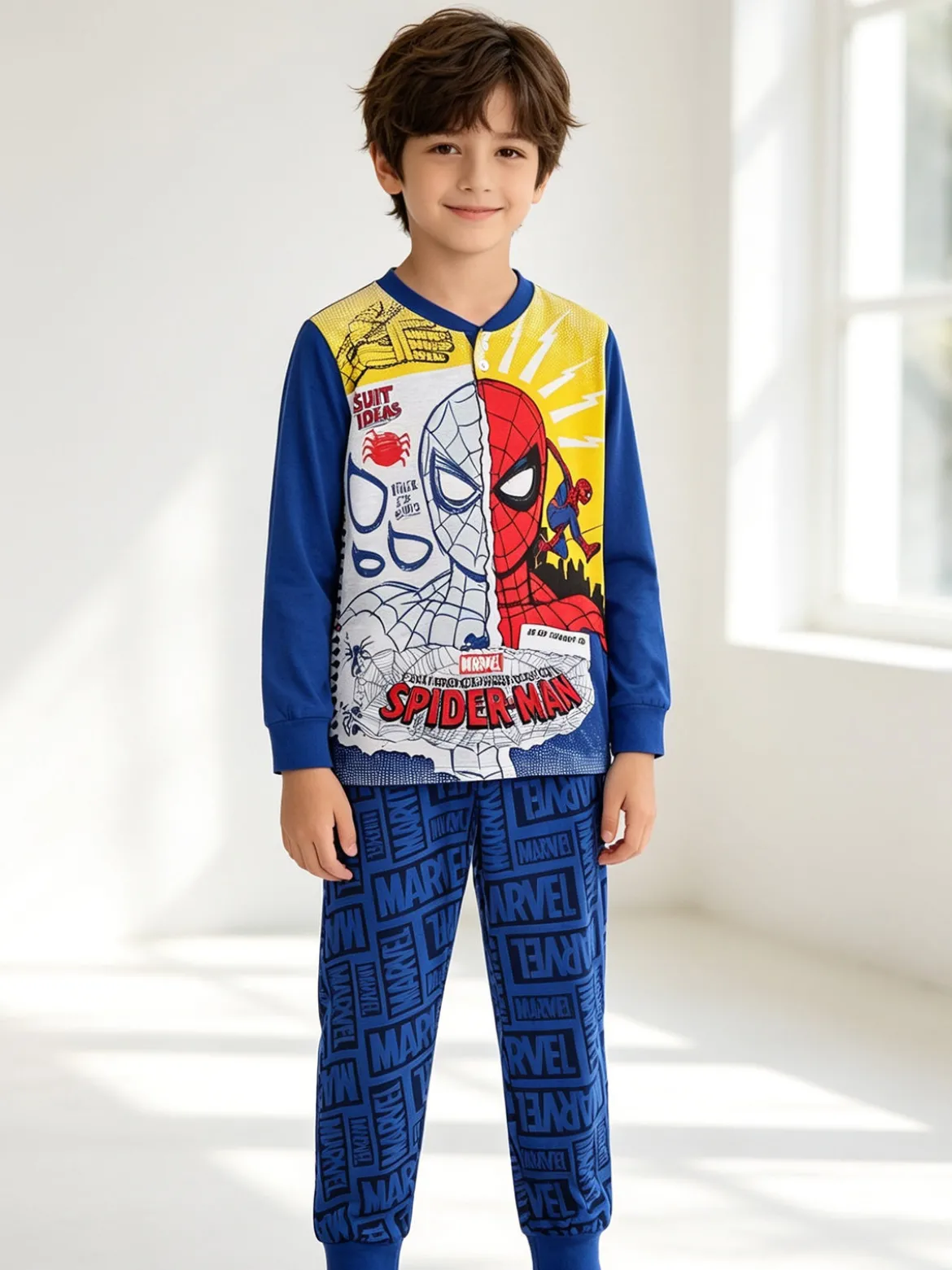 Marvel Spider-Man Pigiama lungo da bambino in cotone con stampe - blu