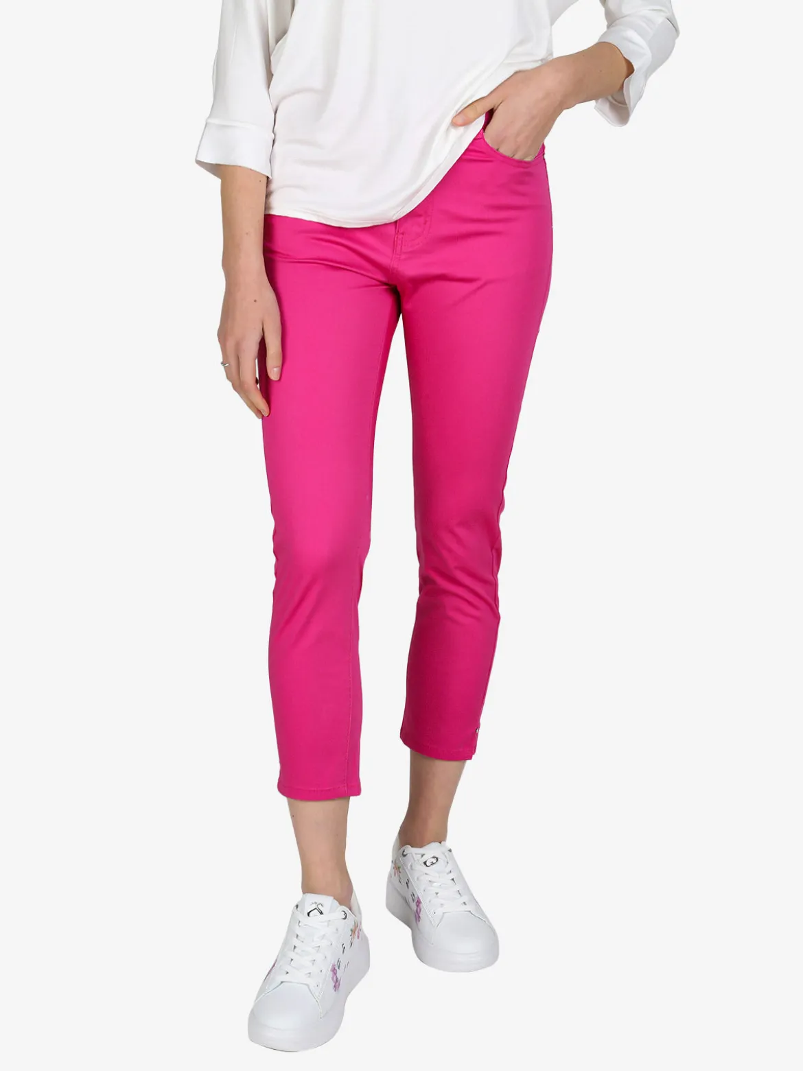 Max & Liu Pantaloni capri donna in cotone con piccolo spacco e strass sul finale
