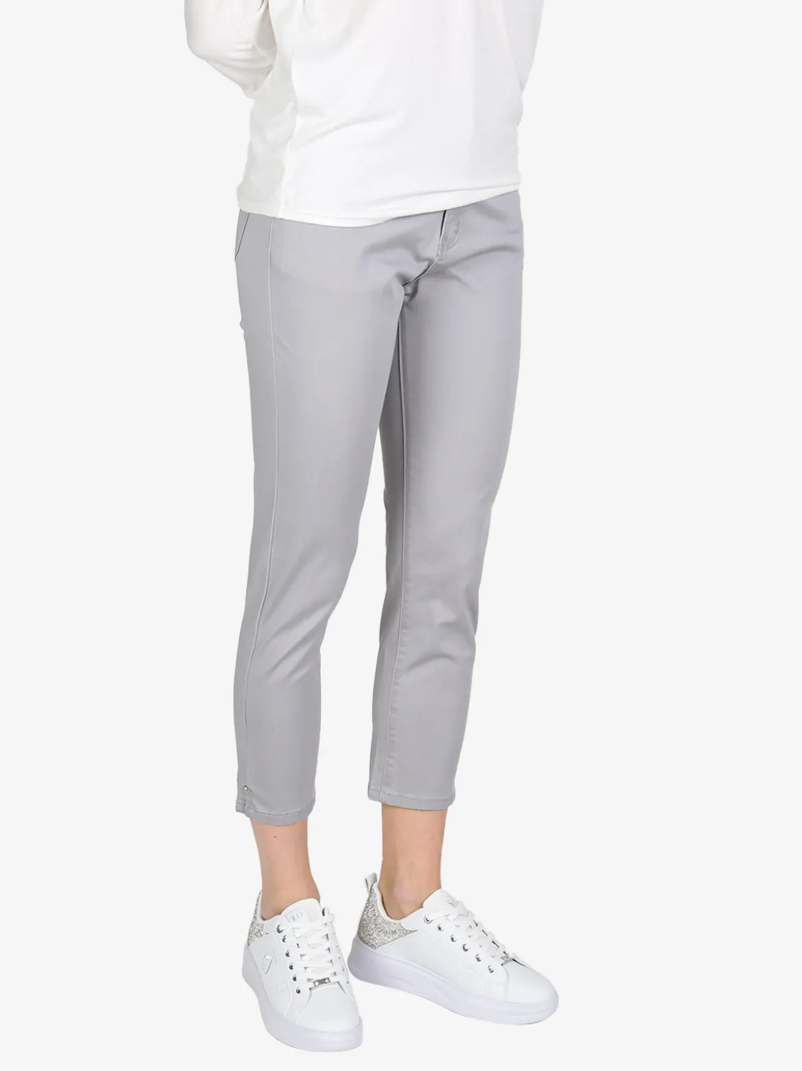 Max & Liu Pantaloni capri donna in cotone con piccolo spacco e strass sul finale