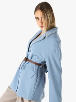 Melitea Blazer donna a doppiopetto con cintura in vita - cielo