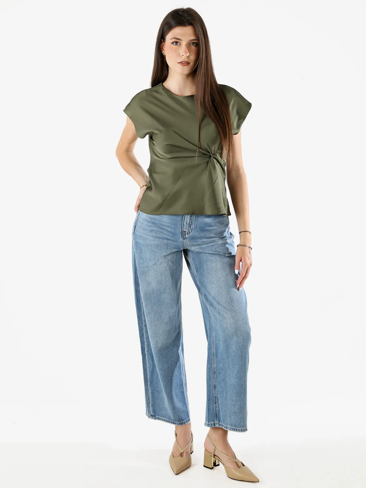 Melitea Blusa donna a maniche corte in tessuto effetto raso - militare