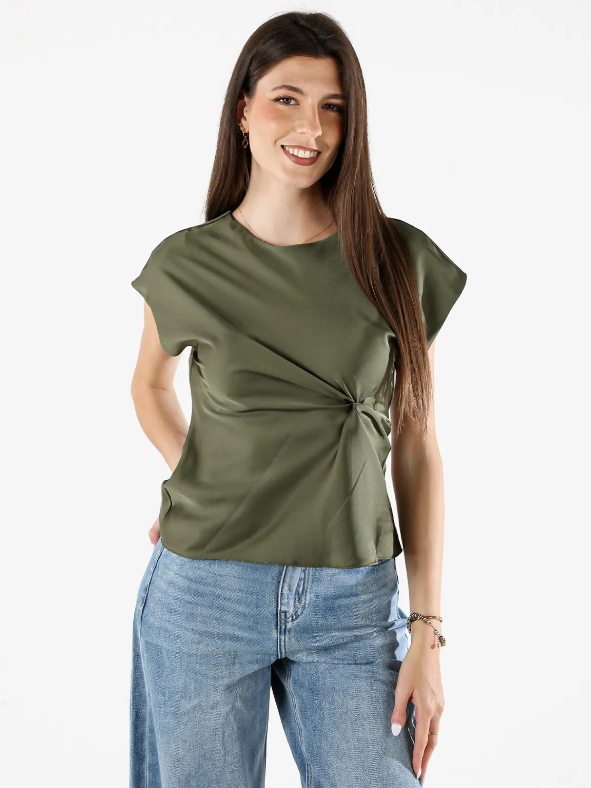 Melitea Blusa donna a maniche corte in tessuto effetto raso - militare