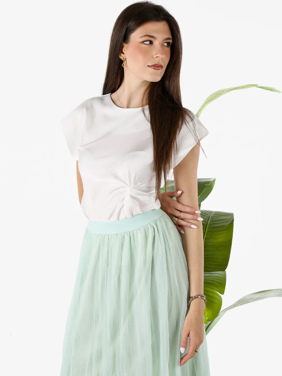 Melitea Blusa donna a maniche corte in tessuto effetto raso - bianco