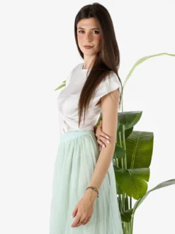 Melitea Blusa donna a maniche corte in tessuto effetto raso - bianco