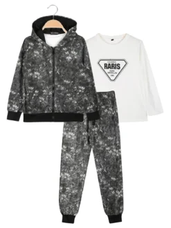 Mg Fashion Studio Completo 3 pezzi da bambino con cappuccio e zip - nero