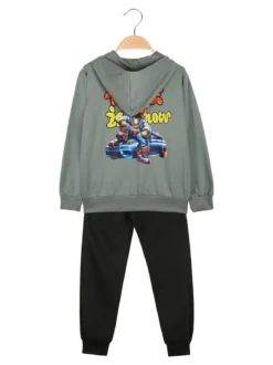 Mg Fashion Studio Completo tuta da bambino con cappuccio e zip e stampa davanti e dietro - verde