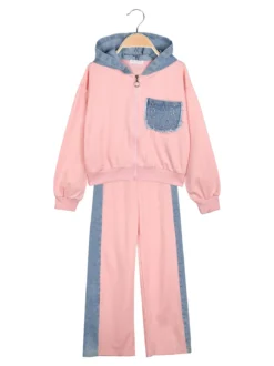 Miss Bellina Completo 2 pezzi da bambina a gamba larga con cappuccio in jeans e zip - rosa