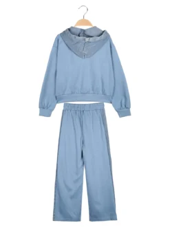 Miss Bellina Completo 2 pezzi da bambina a gamba larga con cappuccio in jeans e zip - azzurro