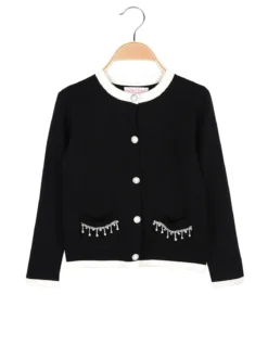 Miss Brum Cardigan da bambina in maglia con bottoni gioiello e taschini