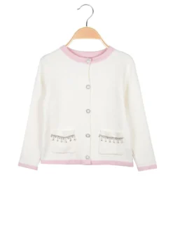 Miss Brum Cardigan da bambina in maglia con bottoni gioiello e taschini