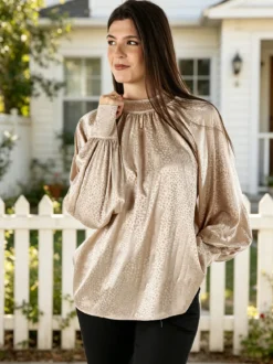 Miss E Co Blusa donna accollata a maniche lunghe linea curvy - nudo