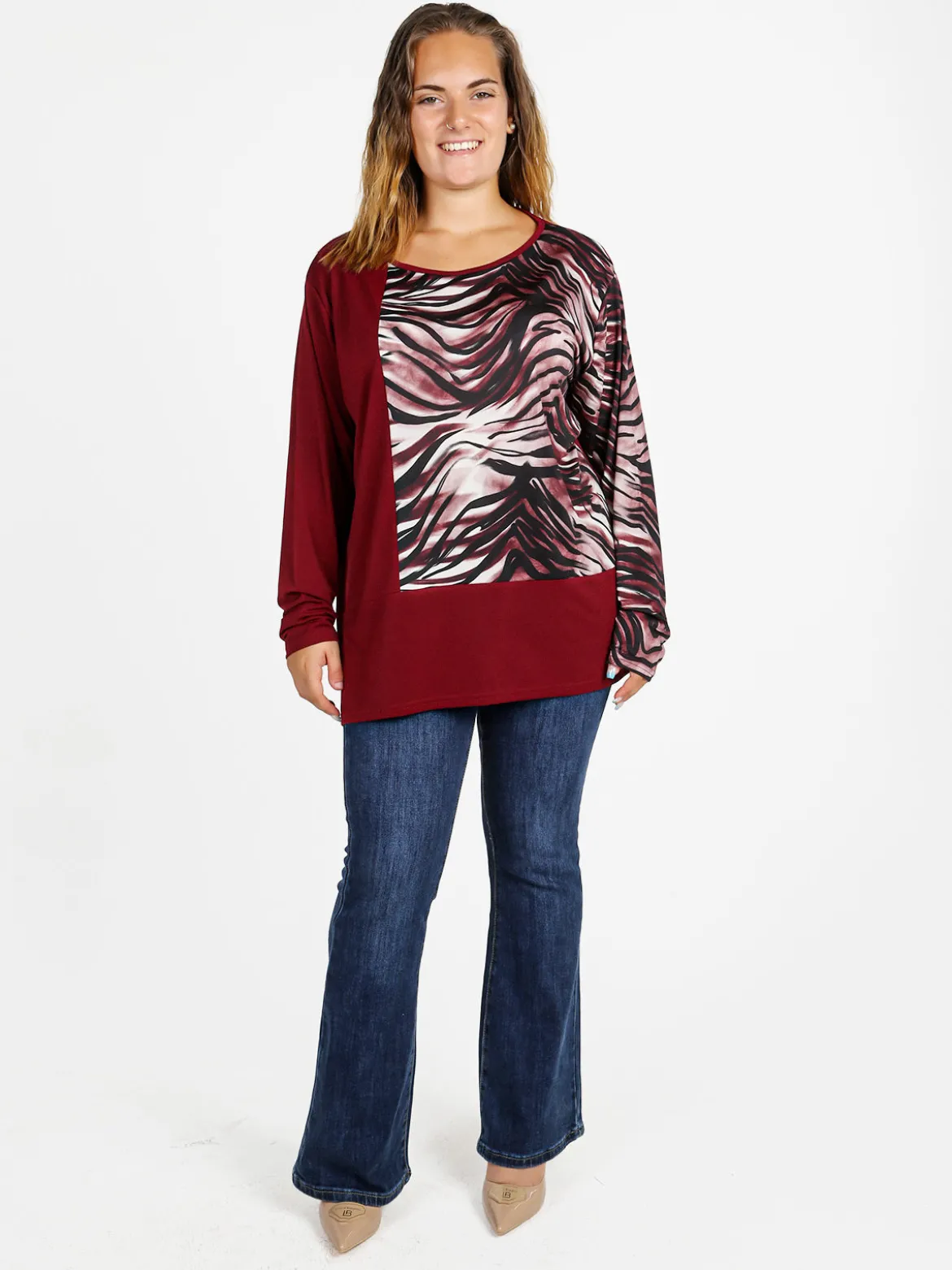Miss E Co Blusa donna a maniche lunghe con stampa fantasia linea curvy - bordeaux