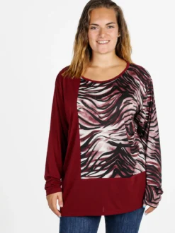 Miss E Co Blusa donna a maniche lunghe con stampa fantasia linea curvy - bordeaux