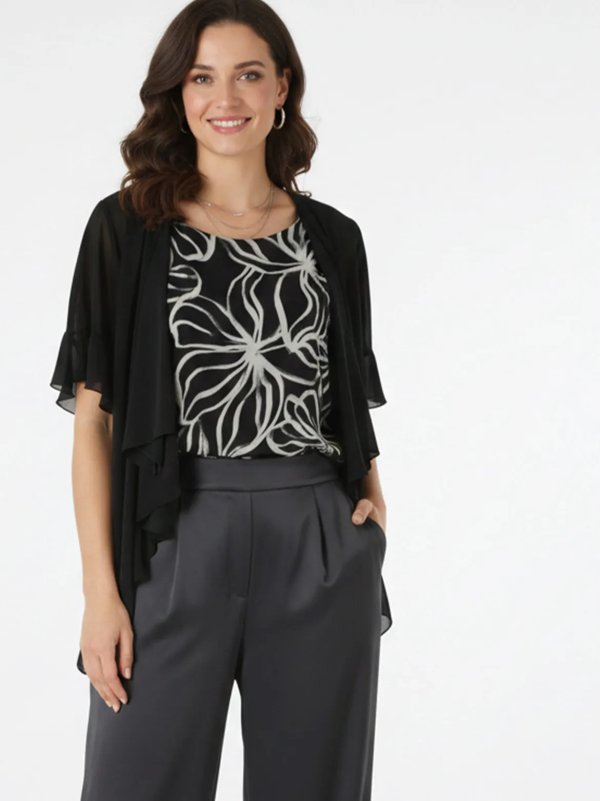 Miss E Co Blusa donna con cardigan velato a maniche corte linea curvy - nero