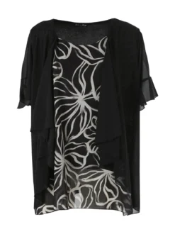 Miss E Co Blusa donna con cardigan velato a maniche corte linea curvy - nero