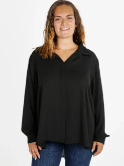 Miss E Co Camicia donna a maniche lunghe con scollo a V linea curvy - nero