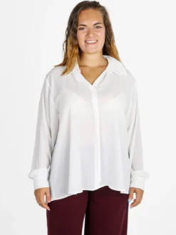 Miss E Co Camicia donna a maniche lunghe con scollo a V linea curvy - bianco