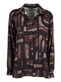 Miss E Co Camicia donna fantasia a maniche lunghe con scollo a V linea curvy - marrone