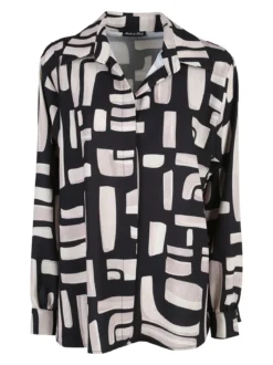 Miss E Co Camicia donna fantasia a maniche lunghe con scollo a V linea curvy - beige