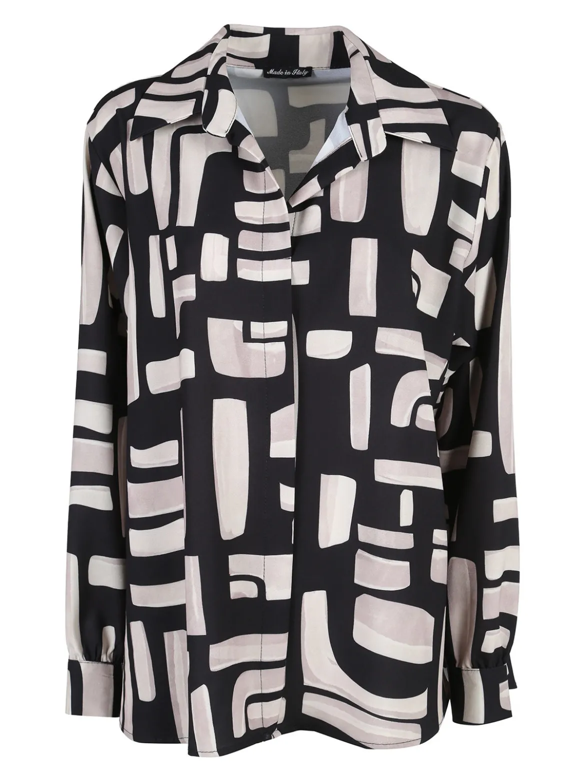 Miss E Co Camicia donna fantasia a maniche lunghe con scollo a V linea curvy - beige