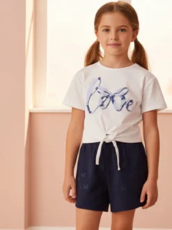 Miss Image Completo corto da bambina in cotone con t-shirt e shorts - blu scuro
