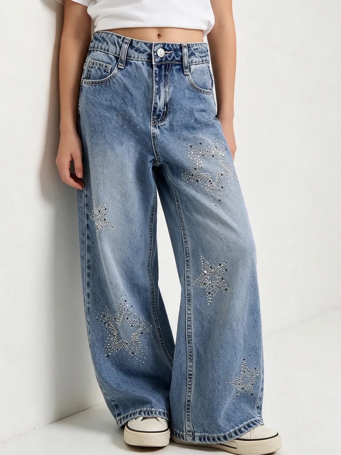 Miss Image Jeans da bambina wide leg con strass - blu