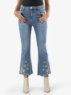 Miss Sister Jeans donna crop a zampa con ricami sul fondo - jeans