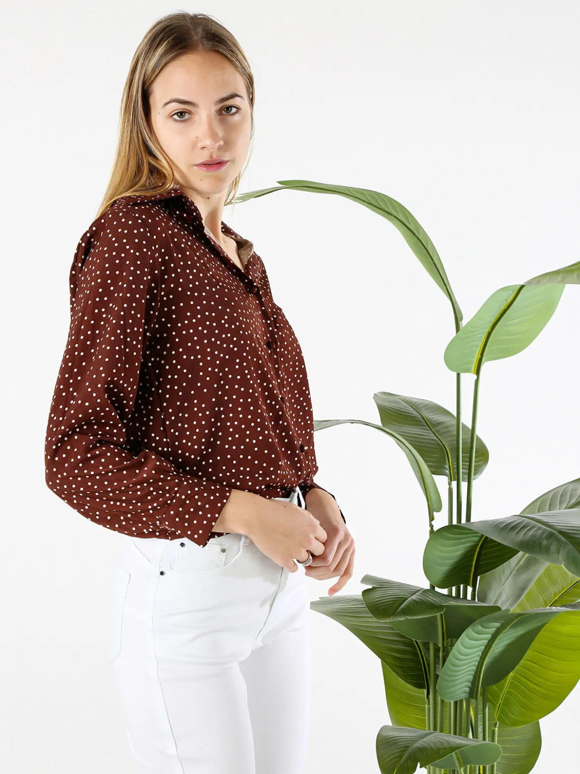 Monique Camicia donna a maniche lunghe con stampa a pois - marrone